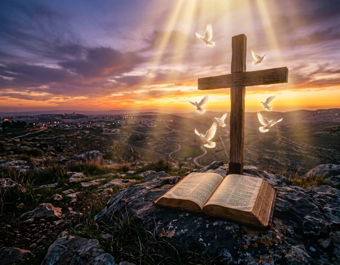 Biblia abierta junto a una cruz al amanecer – serie El Espíritu Santo en la Iglesia